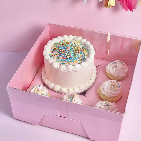 Bento Box - Pink - 5 Hole Cupcake + 5" Cake - Clear Lid