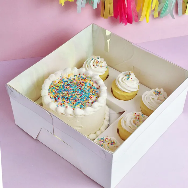 Bento Box - White - 5 Hole Cupcake + 5" Cake - Clear Lid